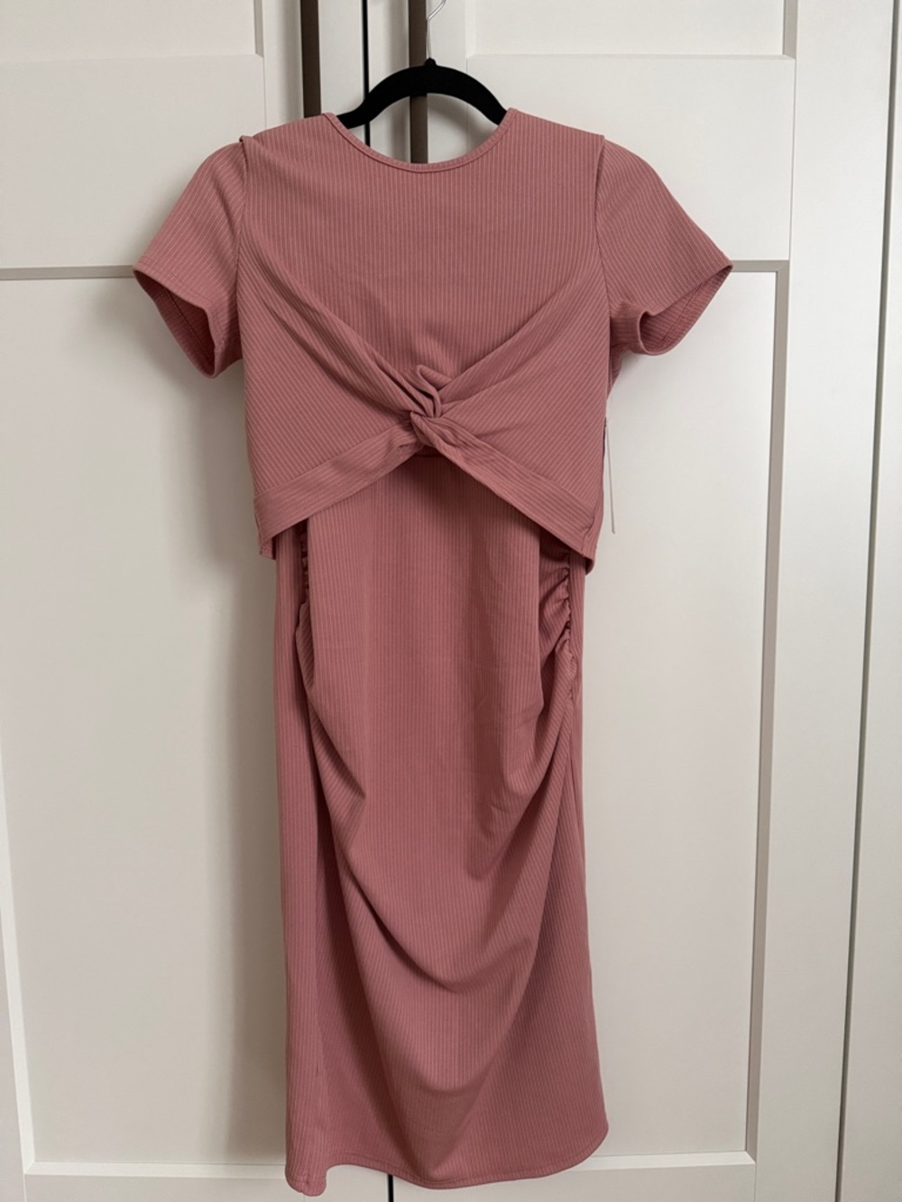 Knot-Front Maternity Ribbed Midi Dress in Dusty Rose